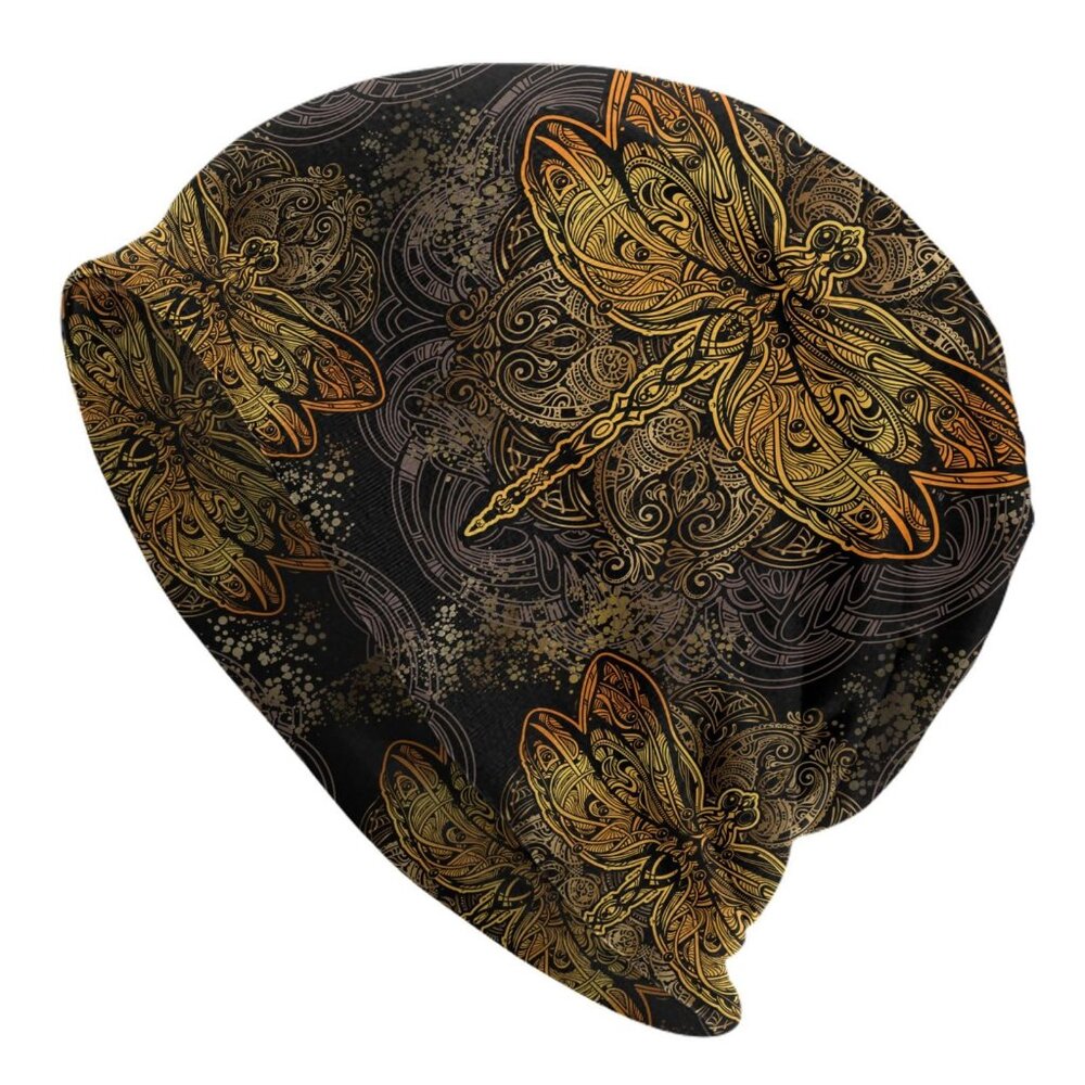 Boho Style Slouchy Beanie Dragonfly Print Knitted Hat for Women